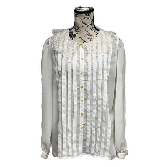 Vtg Nilani Sheer Ivory Pintuck Blouse Lace Collar Y2K Retro Romantic Womens L - Picture 2 of 9